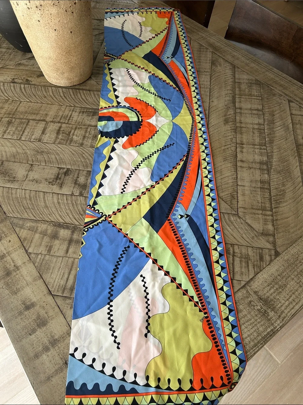 Vibrant Multicolor Geometric Silk-Feel Scarf - (Unknown) - Blue, Orange, Green